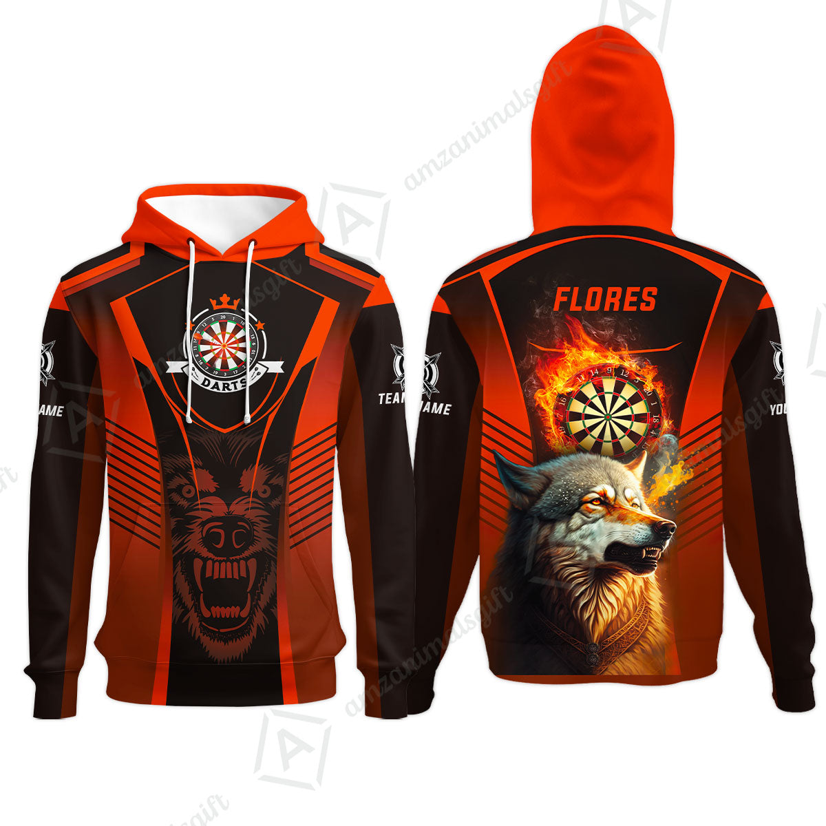 Custom Name Darts Men Polo Shirt, Orange Wolf Dartboard Personalized Polo Shirts, Gift For Men, Darts Lovers, Darts Players