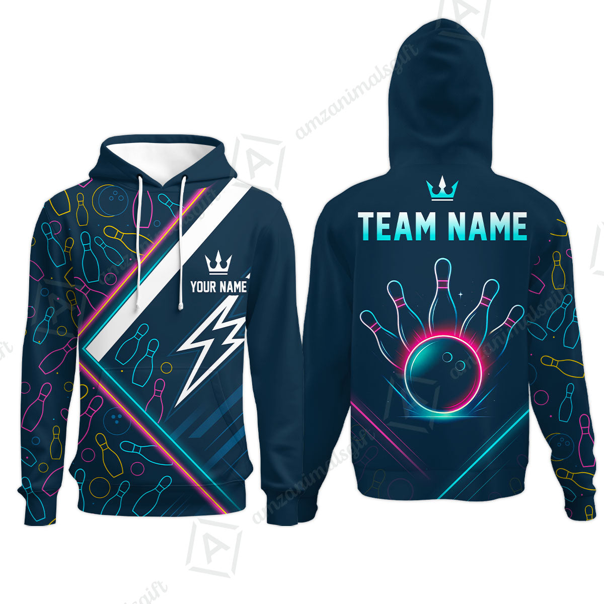 Customized Neon Glow Bowling Hoodie, Lightning Bolt And Crown Hoodie For Bowling Team, Bowlers