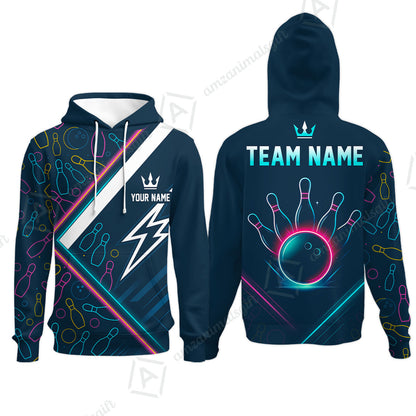 Customized Neon Glow Bowling Hoodie, Lightning Bolt And Crown Hoodie For Bowling Team, Bowlers