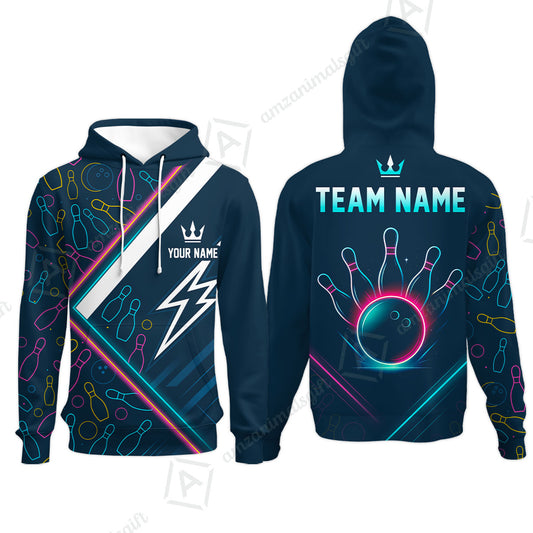 Customized Neon Glow Bowling Hoodie, Lightning Bolt And Crown Hoodie For Bowling Team, Bowlers