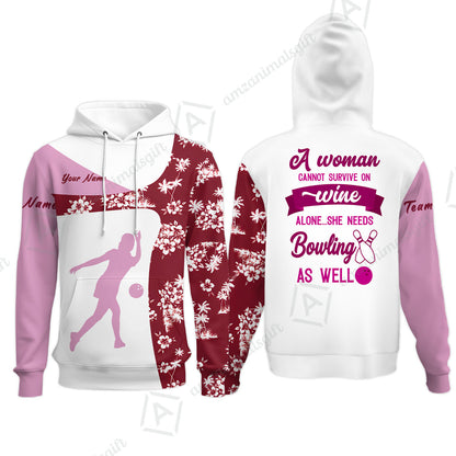 Custom Bowling Jersey Polo Shirt, A Women Cannot Survive On Wine Alone She Needs Bowling As Well, Personalize Name and Team Name