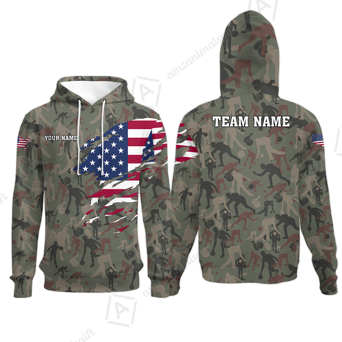 Custom Bowling Jersey Polo Shirt, American Flag Woodland Green Camouflage, Custom Bowling Jersey Team Shirt For Players With Name and Team Name
