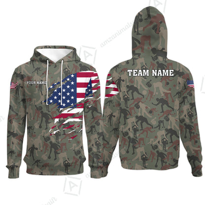 Custom Bowling Jersey Polo Shirt, American Flag Woodland Green Camouflage, Custom Bowling Jersey Team Shirt For Players With Name and Team Name
