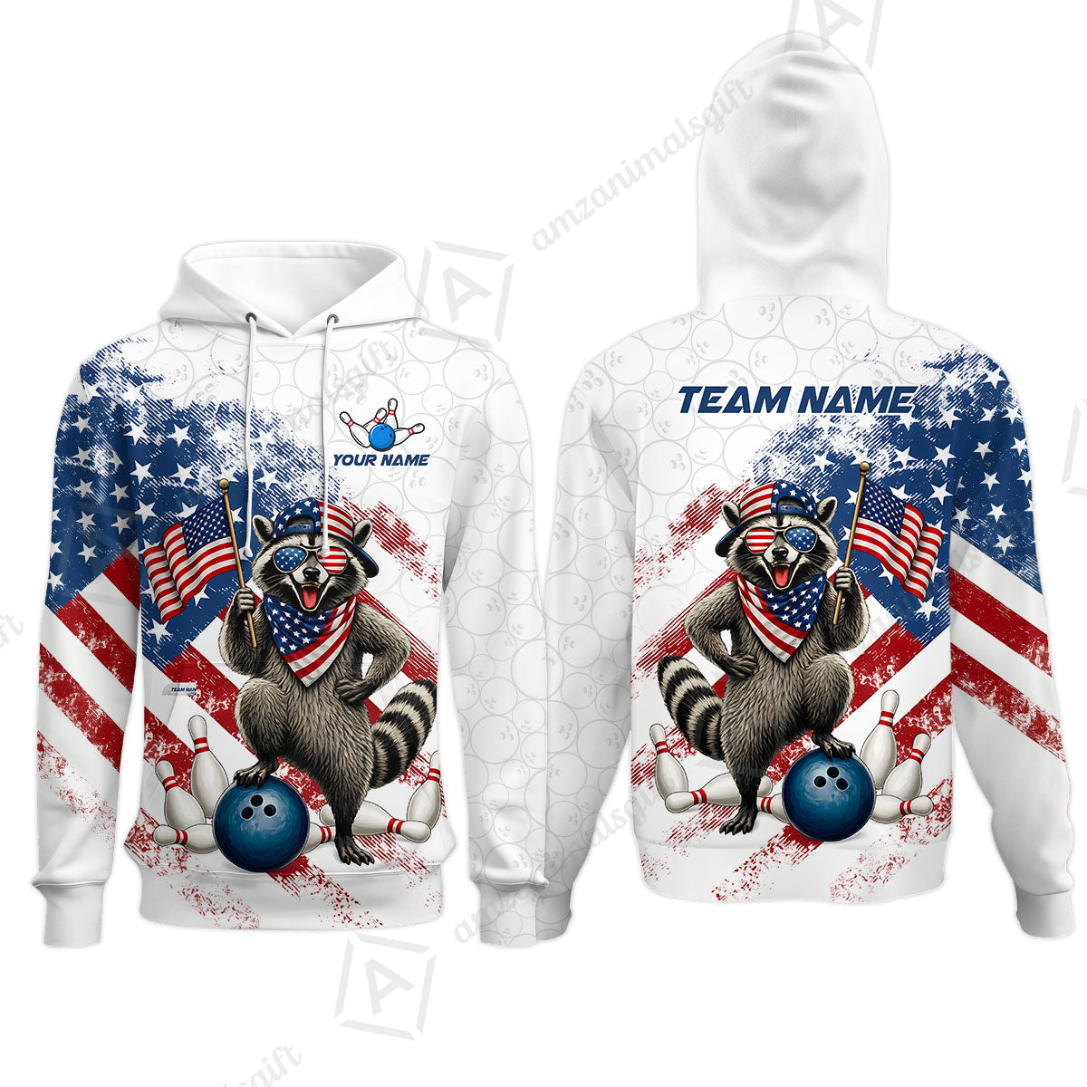 Custom Bowling Jersey Polo Shirt, Racoon America Flag Bowling Pattern, Personalize Name and Team Name
