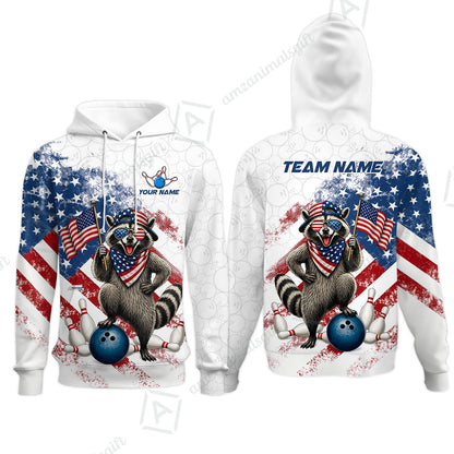 Custom Bowling Jersey Polo Shirt, Racoon America Flag Bowling Pattern, Personalize Name and Team Name