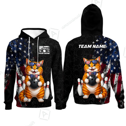 Custom Bowling Jersey Polo Shirt, Cat With Glasses And Bow Tie Bowling Pattern America Flag, Personalize Name and Team Name
