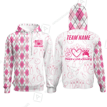 Custom Women Polo Shirt, Argyle Bowling Peace Love, Custom Bowling Women Polo Team Shirt For Players With Name & Team Name