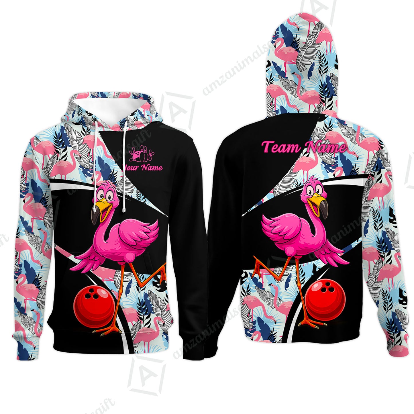 Custom Funny Cartoon Flamingo Bowling Jersey Polo Shirt, Custom Funny Cartoon Flamingo Bowling Jersey Team Shirt For Players With Name & Team Name