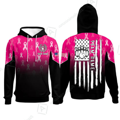 Custom Bowling Jersey Polo Shirt, Ribbon Breast Cancer Awareness Flag, Custom Bowling Jersey Team Shirt For Players With Name and Team Name