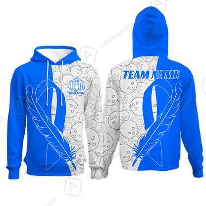 Customized Bowling Team Uniform Shirts, Blue Ribbon Feather Combined With Bowling Pattern Personalized Team & Player Jersey