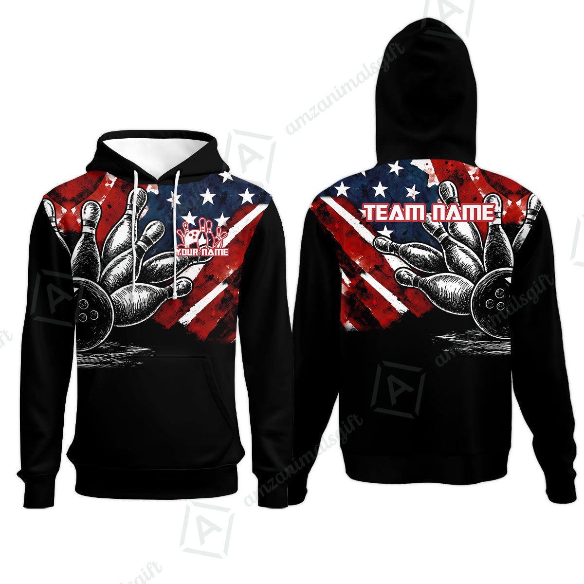 Custom Bowling Jersey Polo Shirt, American Flag and Bowling Pins Sketch, Custom Bowling Jersey Team Shirt For Players With Name and Team Name