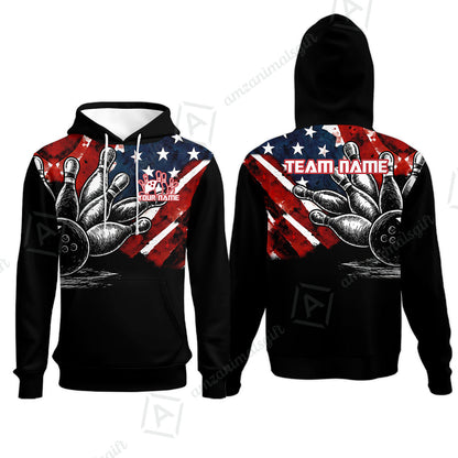 Custom Bowling Jersey Polo Shirt, American Flag and Bowling Pins Sketch, Custom Bowling Jersey Team Shirt For Players With Name and Team Name