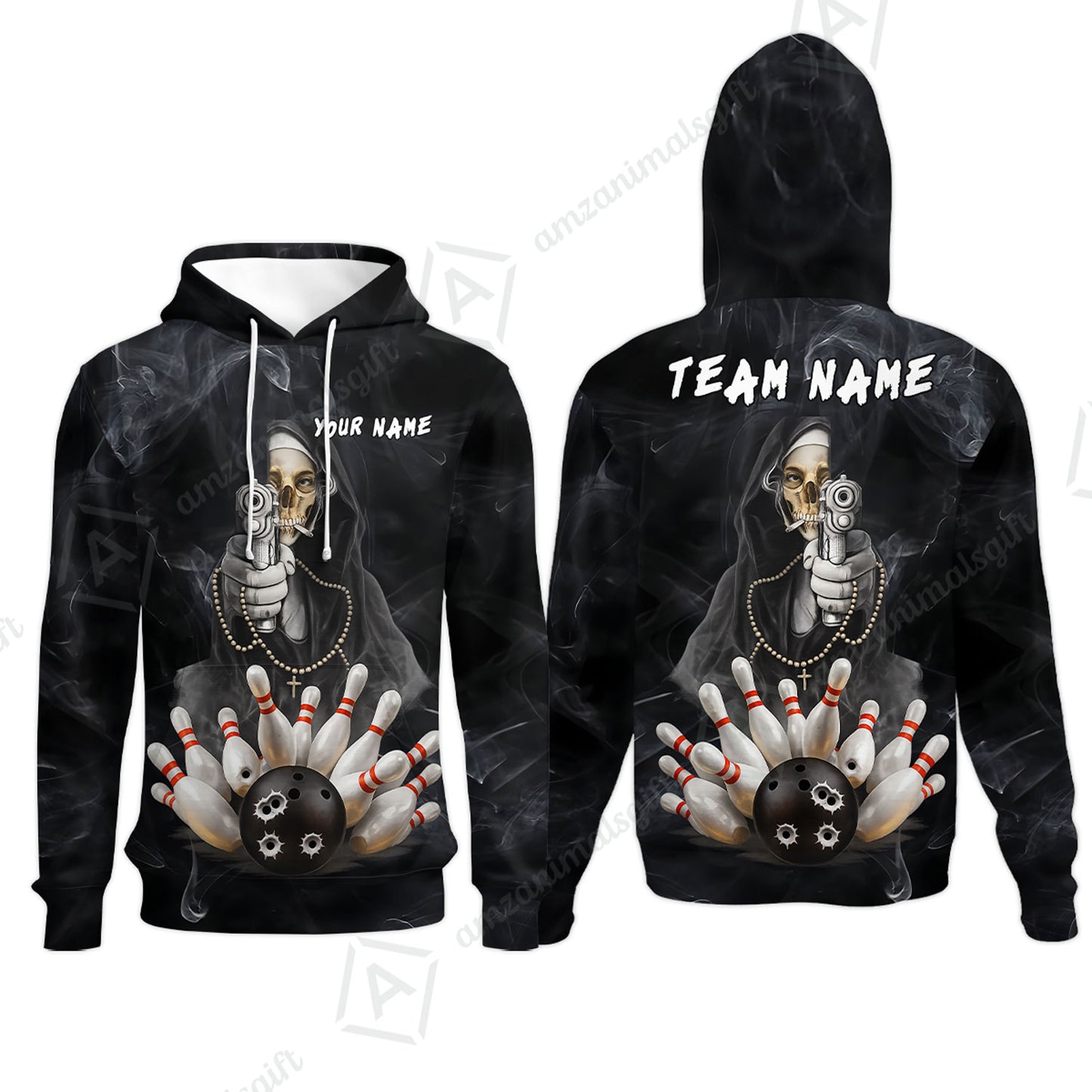 Custom Bowling Jersey Polo Shirt, Badass Smoking Skeleton Nun Gun Strike, Custom Bowling Jersey Team Shirt For Players With Name & Team Name