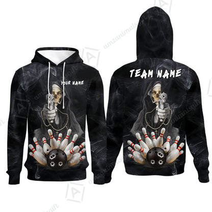 Custom Bowling Jersey Polo Shirt, Badass Smoking Skeleton Nun Gun Strike, Custom Bowling Jersey Team Shirt For Players With Name & Team Name