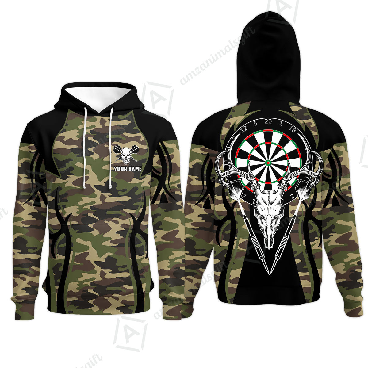 Darts Custom Name Hoodie, Camo Skull Deer Dartboard Personalized Hoodie - Gift For Darts Lovers, Friend, Darts Team Player