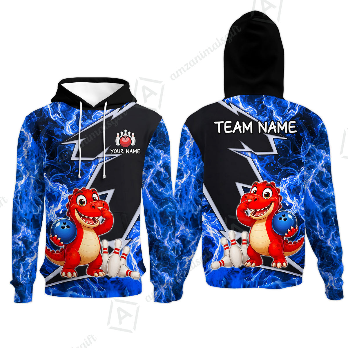 Custom Bowling Jersey Polo Shirt, Fire Lightning Dino Strike, Custom Bowling Jersey Team Shirt For Players With Name and Team Name