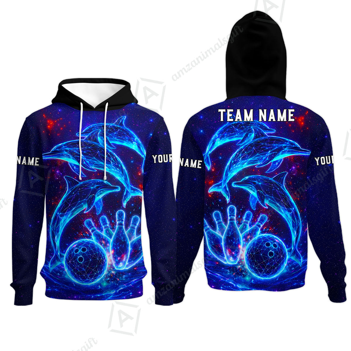 Customized Bowling Shirt, Cosmic Dolphin, Personalized Polo Shirt For Players With Name & Team Name