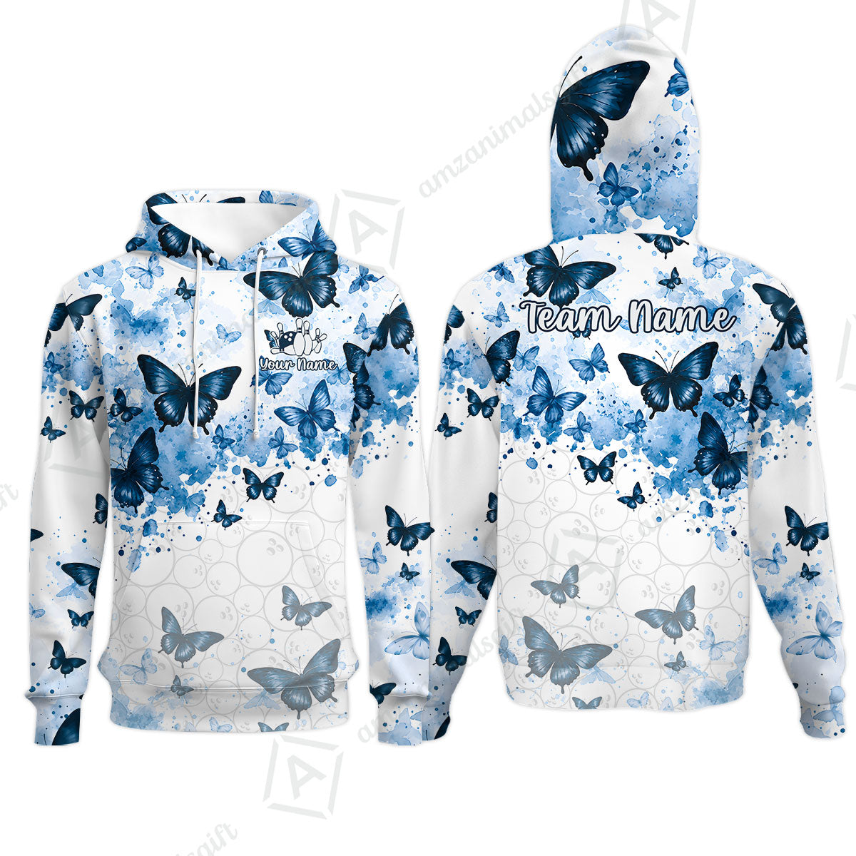 Custom Bowling Jersey Polo Shirt, Blue Watercolor Butterfly Bloom, Custom Bowling Jersey Team Shirt For Players With Name and Team Name