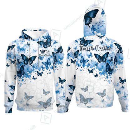 Custom Bowling Jersey Polo Shirt, Blue Watercolor Butterfly Bloom, Custom Bowling Jersey Team Shirt For Players With Name and Team Name