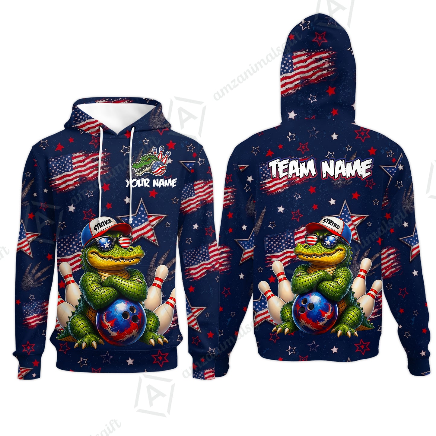 Custom Bowling Jersey Polo Shirt, Cool Patriotic Alligator Mascot, Custom Bowling Jersey Team Shirt For Players With Name and Team Name