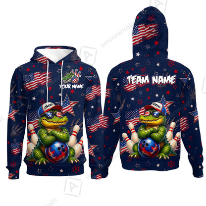 Custom Bowling Jersey Polo Shirt, Cool Patriotic Alligator Mascot, Custom Bowling Jersey Team Shirt For Players With Name and Team Name