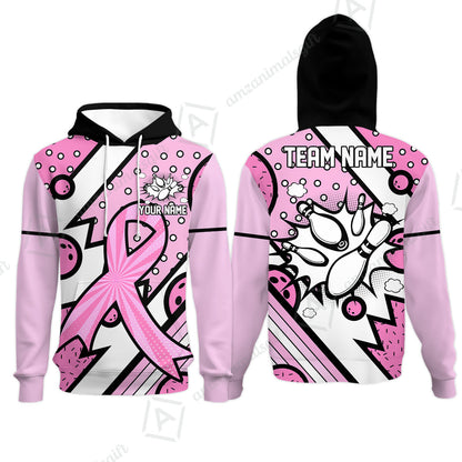 Customized Bowling Team Polo Jersey, Bowling Pink Ribbon Comic Style Uniform Shirt For Bowlers
