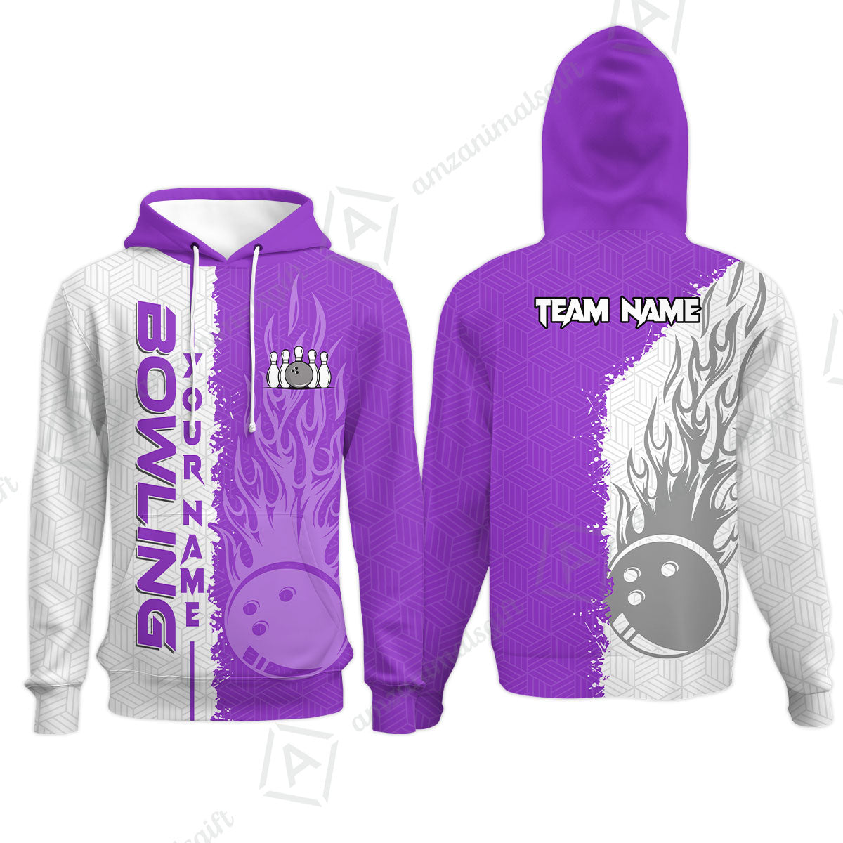 Custom White and Purple Flame Bowling Team Jersey Polo Shirts, Bowling Team Uniforms Jerseys, Personalized Name And Team Name