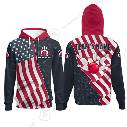 Customized Bowling Unisex Polo Shirt, Bowling America Flag Waving, Bowling Uniform - Personalized Name And Team Name