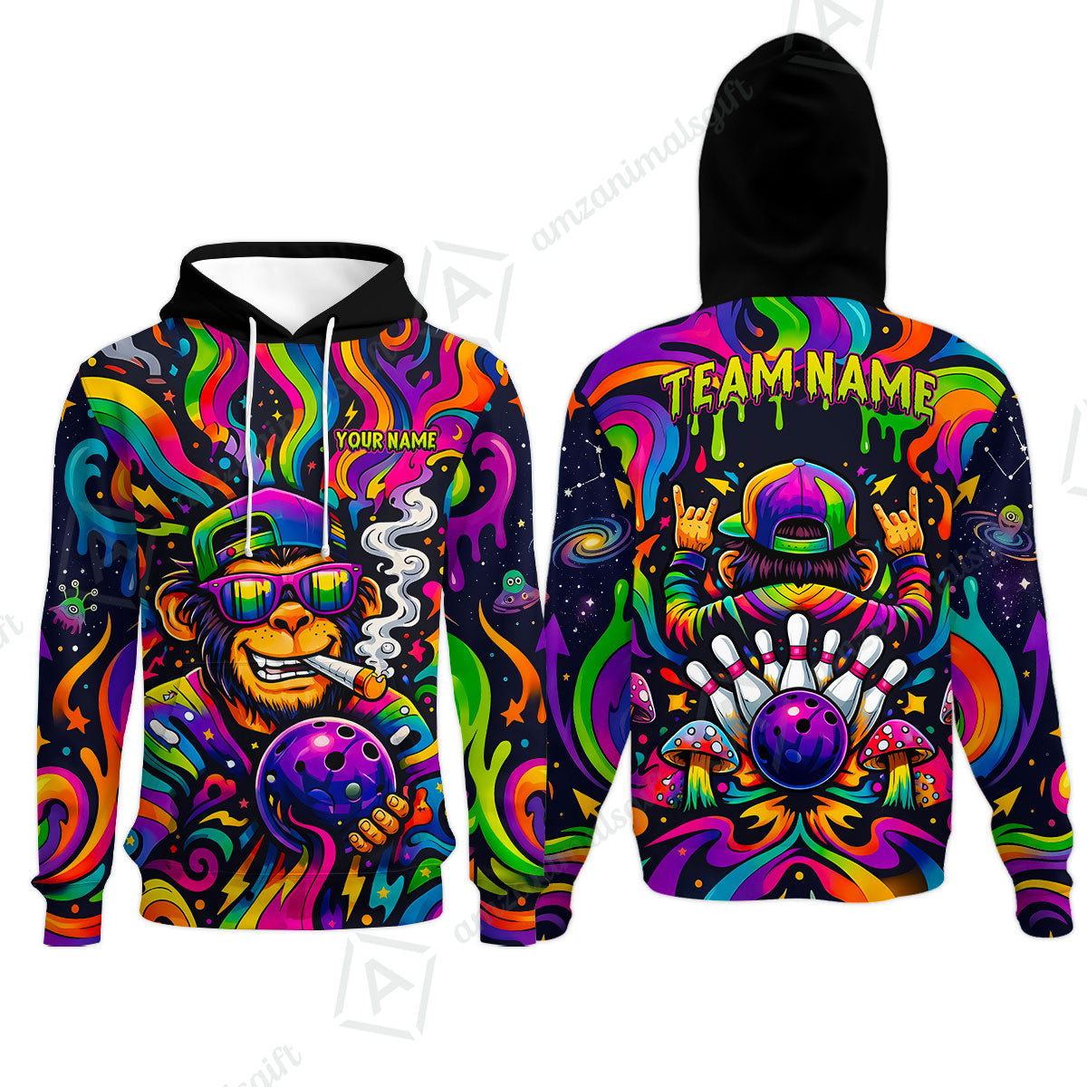 Custom Bowling Jersey Polo Shirt, Psychedelic Trippy Smoking Chimp, Custom Bowling Jersey Team Shirt For Players With Name and Team Name