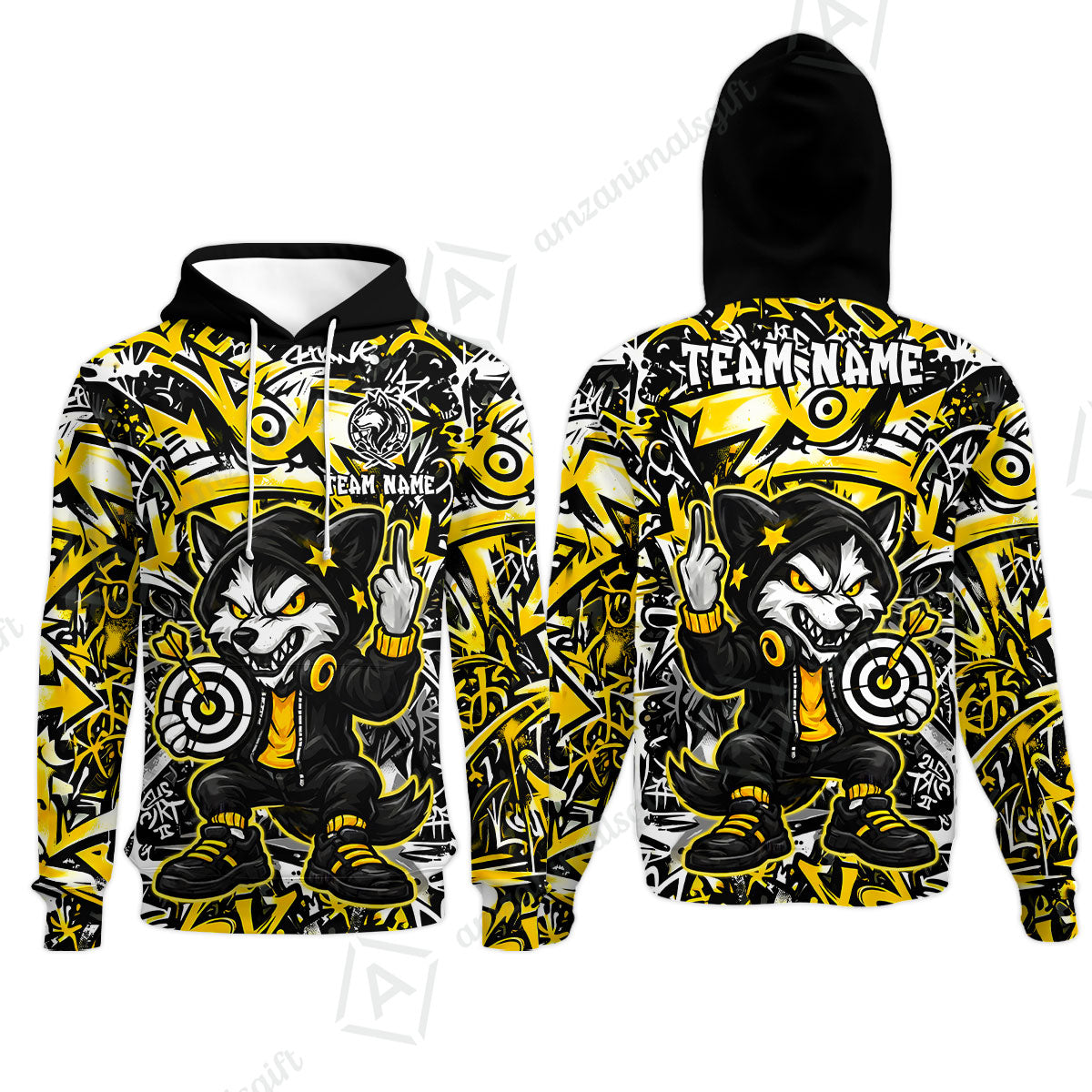 Customized Darts Team Uniform Shirt, Cool Cartoon Wolf With Dartboard, Personalized Name And Team Name