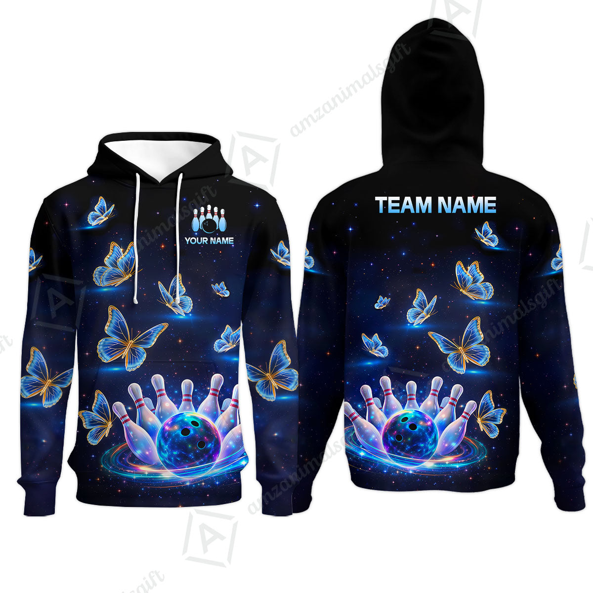 Custom Bowling Jersey Polo Shirt, Bowling Butterfly Galaxy Neon Light, Personalized Name And Team Name