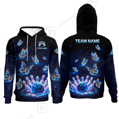 Custom Bowling Jersey Polo Shirt, Bowling Butterfly Galaxy Neon Light, Personalized Name And Team Name