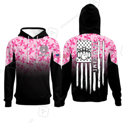 Custom Bowling Jersey Polo Shirt, Ribbon Breast Cancer Awareness Flag, Custom Bowling Jersey Team Shirt For Players With Name and Team Name