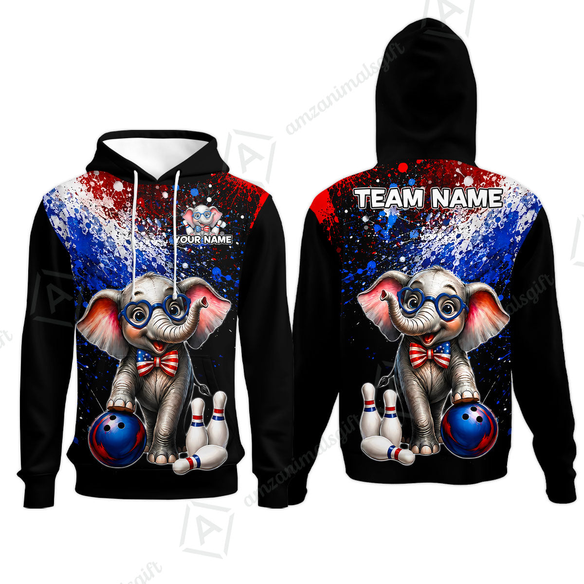 Custom Bowling Jersey Polo Shirt, Patriotic Elephant Bowling, Personalize Name and Team Name