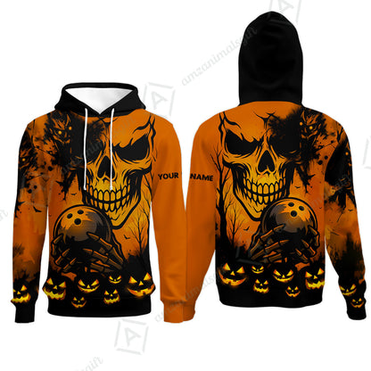 Custom Bowling Jersey Polo Shirt, Pumpkins Skull Halloween, Custom Bowling Jersey Team Shirt For Players With Name & Team Name