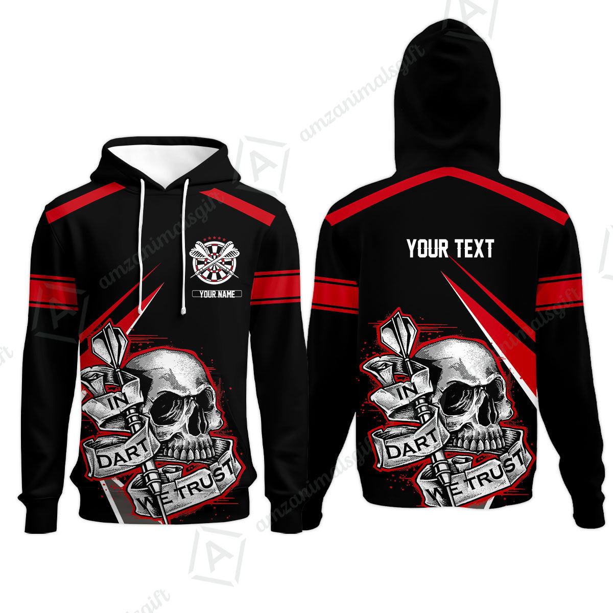 Customized Name & Text Darts Men Polo Shirt, Skull In Darts We Trust Personalized Darts Zip Polo Shirt