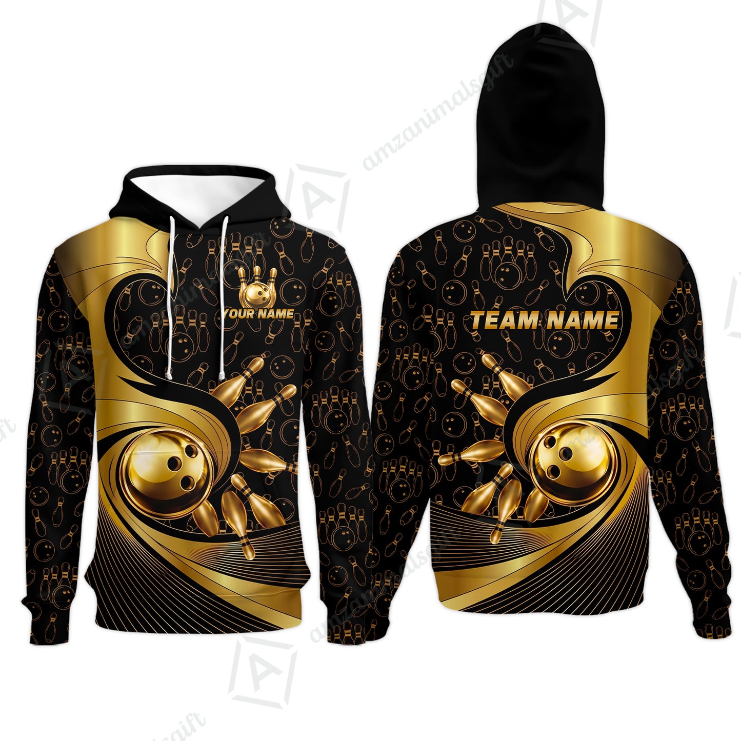 Custom Bowling Jersey Polo Shirt, Bowling Gold Swirling Pattern, Personalize Name and Team Name
