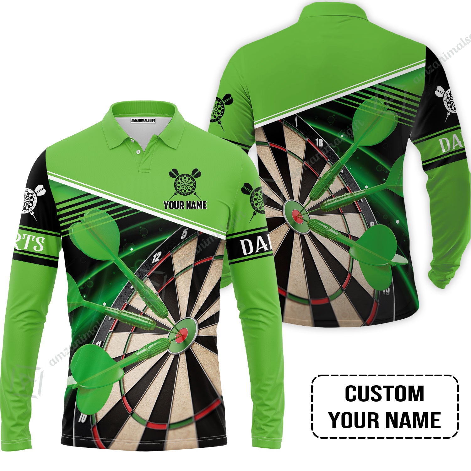 Customized Name Darts Long Polo Shirt, Best Green Darts Player Gift, Personalized Name Darts Long Polo Shirt