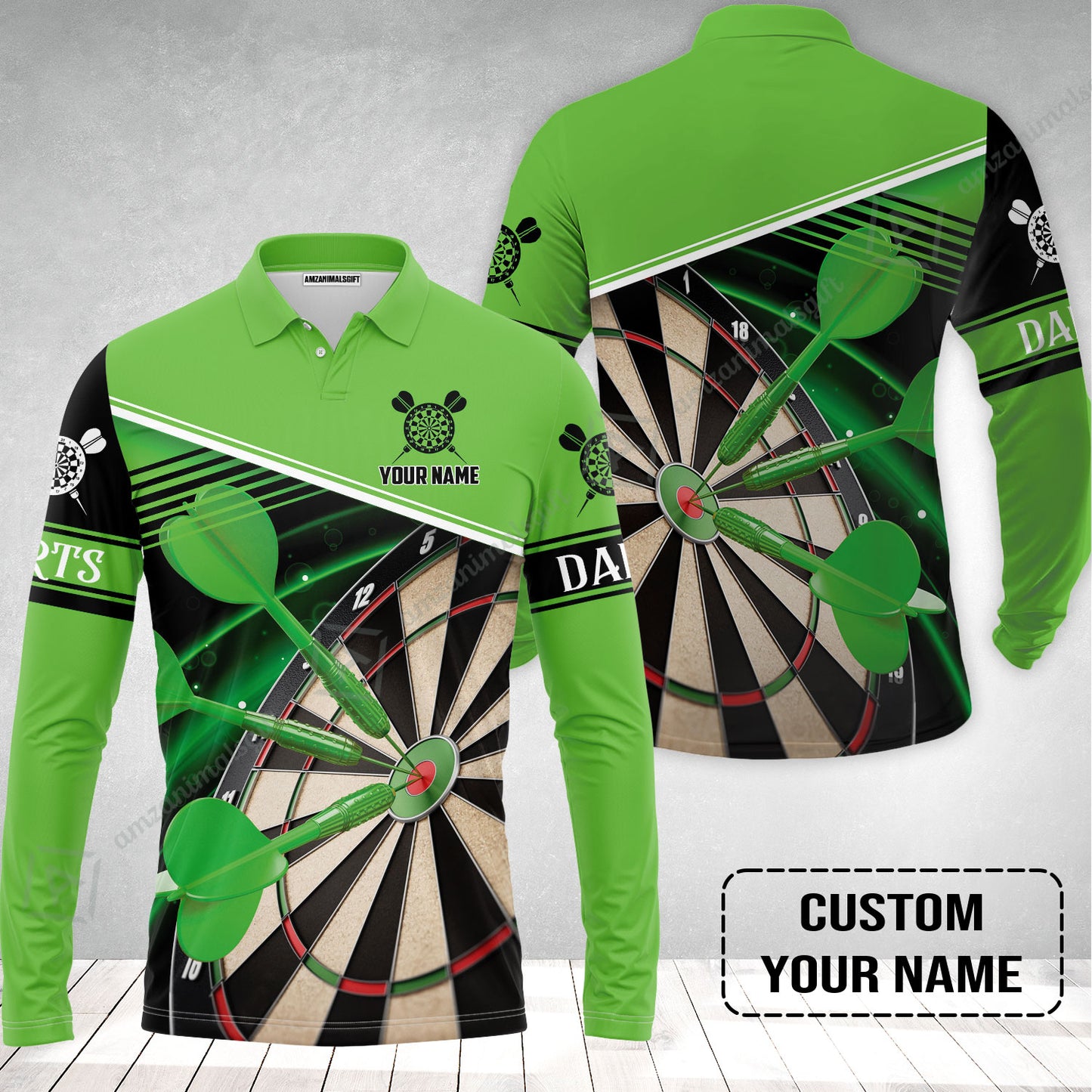 Customized Name Darts Long Polo Shirt, Best Green Darts Player Gift, Personalized Name Darts Long Polo Shirt