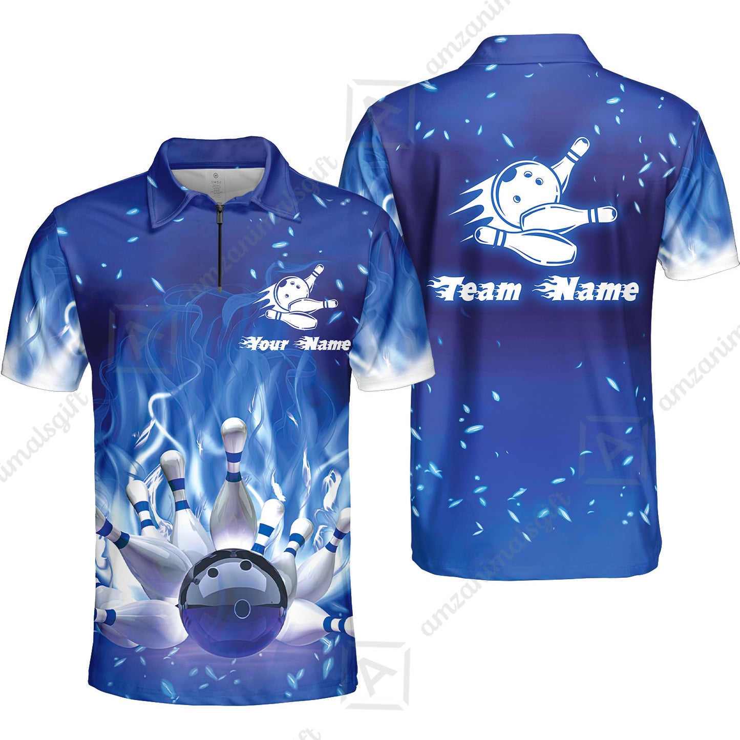 Bowling Men Polo Shirt Custom Name - Bowling On Blue Fire Personalized Bowling Polo Shirt