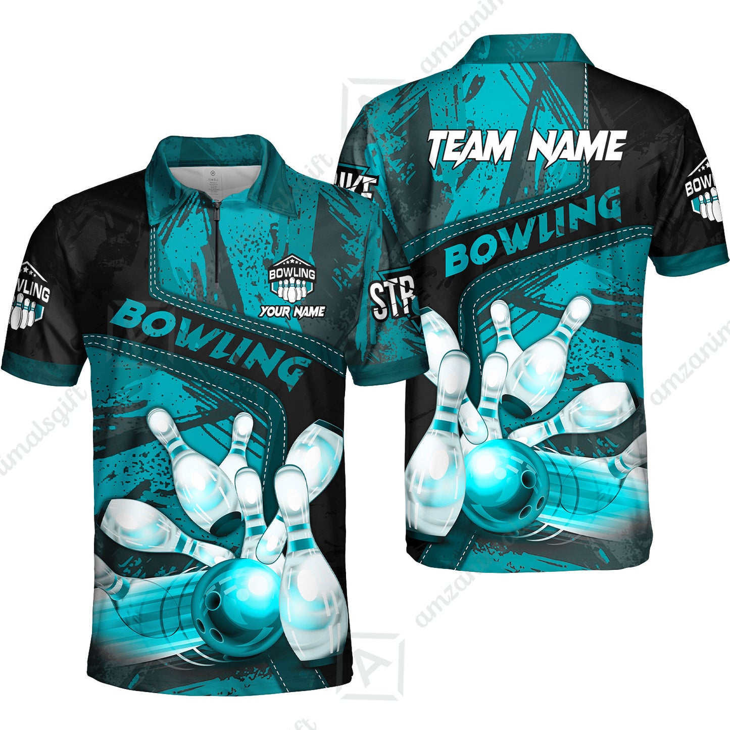 Custom Bowling Team Quater-Zip Polo Shirts, Bowling Uniforms Jerseys Brush Patterns, Multi Colors Personalized Name And Team Name
