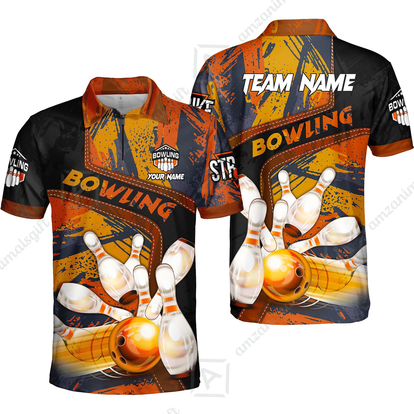 Custom Bowling Team Quater-Zip Polo Shirts, Bowling Uniforms Jerseys Brush Patterns, Multi Colors Personalized Name And Team Name