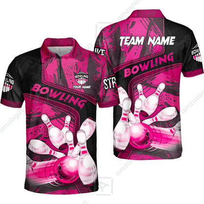Custom Bowling Team Quater-Zip Polo Shirts, Bowling Uniforms Jerseys Brush Patterns, Multi Colors Personalized Name And Team Name