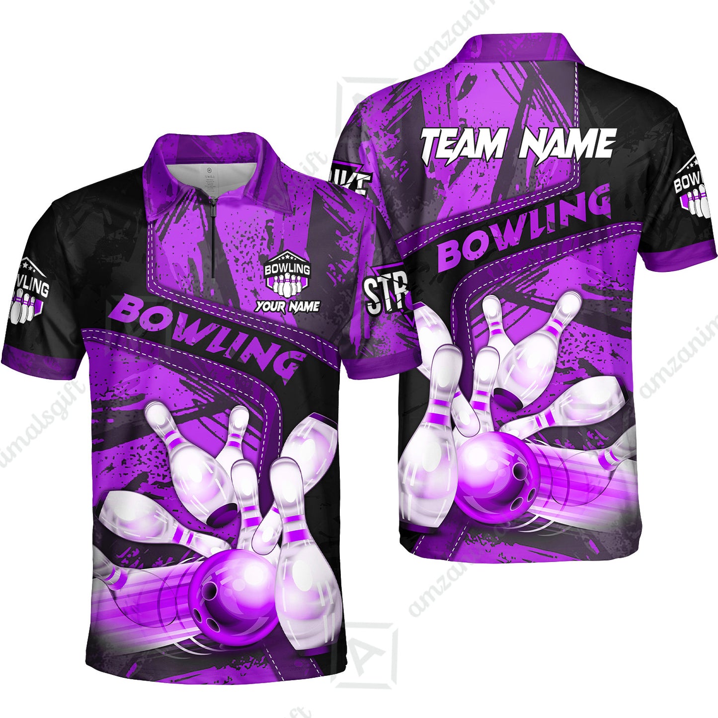 Custom Bowling Team Quater-Zip Polo Shirts, Bowling Uniforms Jerseys Brush Patterns, Multi Colors Personalized Name And Team Name