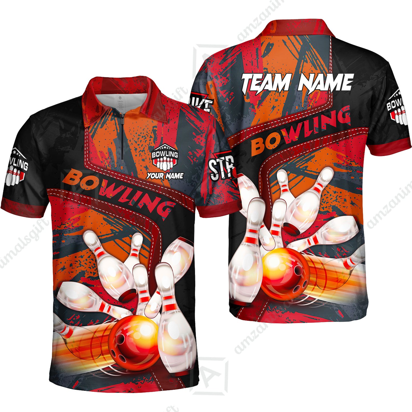 Custom Bowling Team Quater-Zip Polo Shirts, Bowling Uniforms Jerseys Brush Patterns, Multi Colors Personalized Name And Team Name
