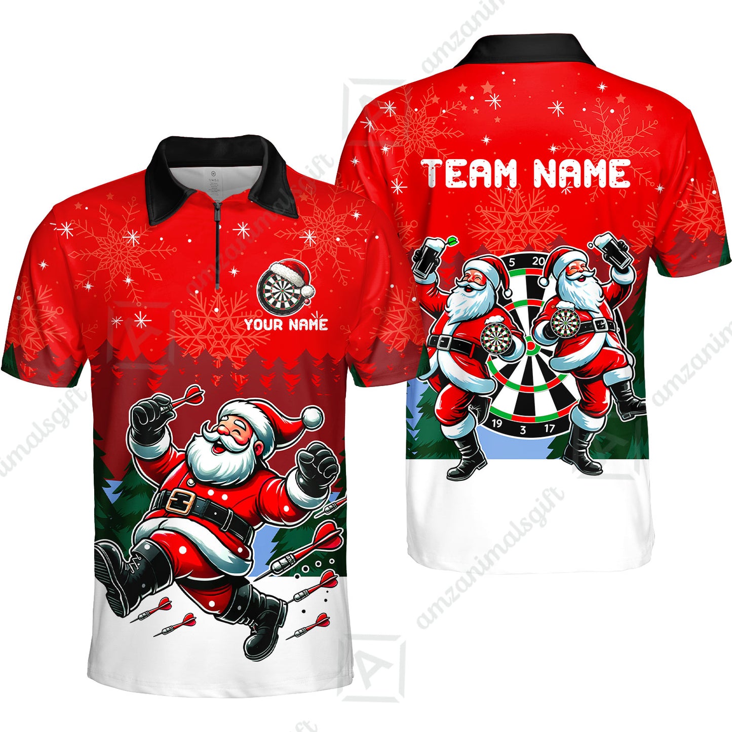 Custom Funny Santa Darts Team Unisex Polo Shirts, Darts uniforms Funny Santa Personalized Name And Team Name