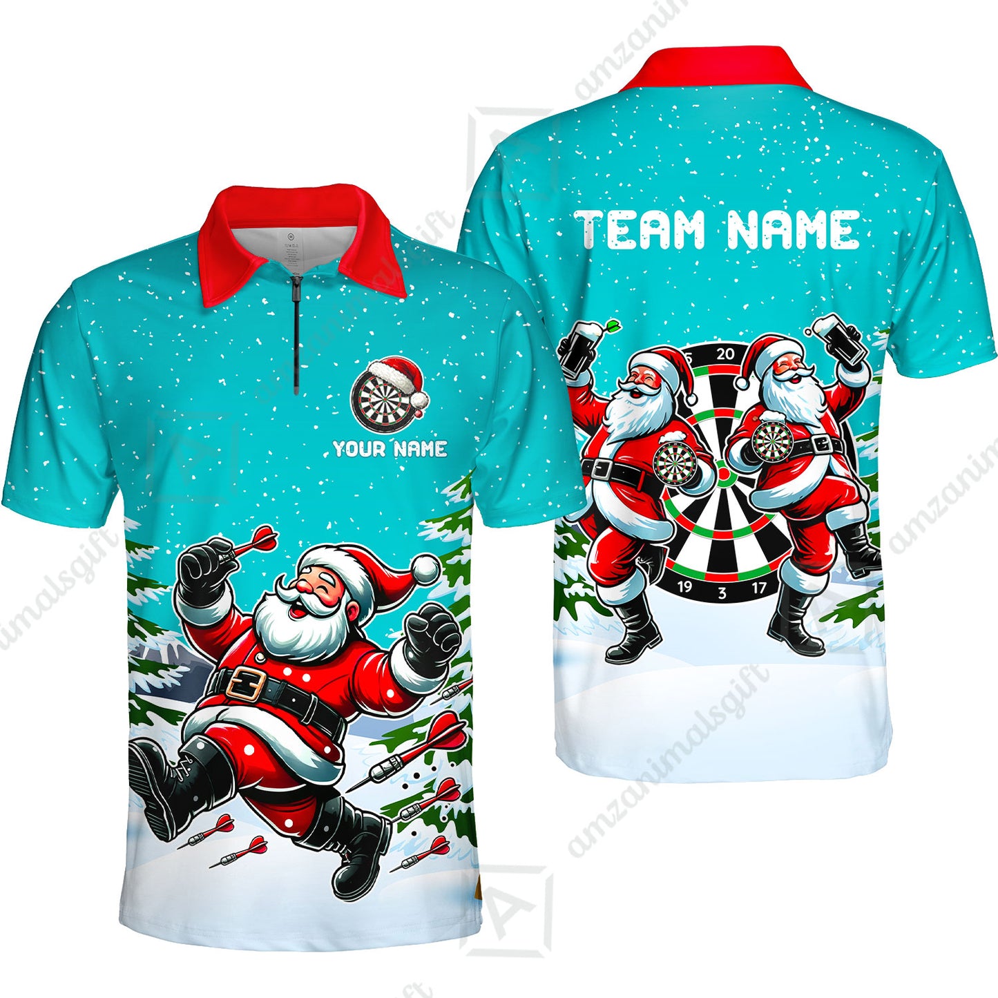 Custom Funny Santa Darts Team Unisex Polo Shirts, Darts uniforms Funny Santa Personalized Name And Team Name