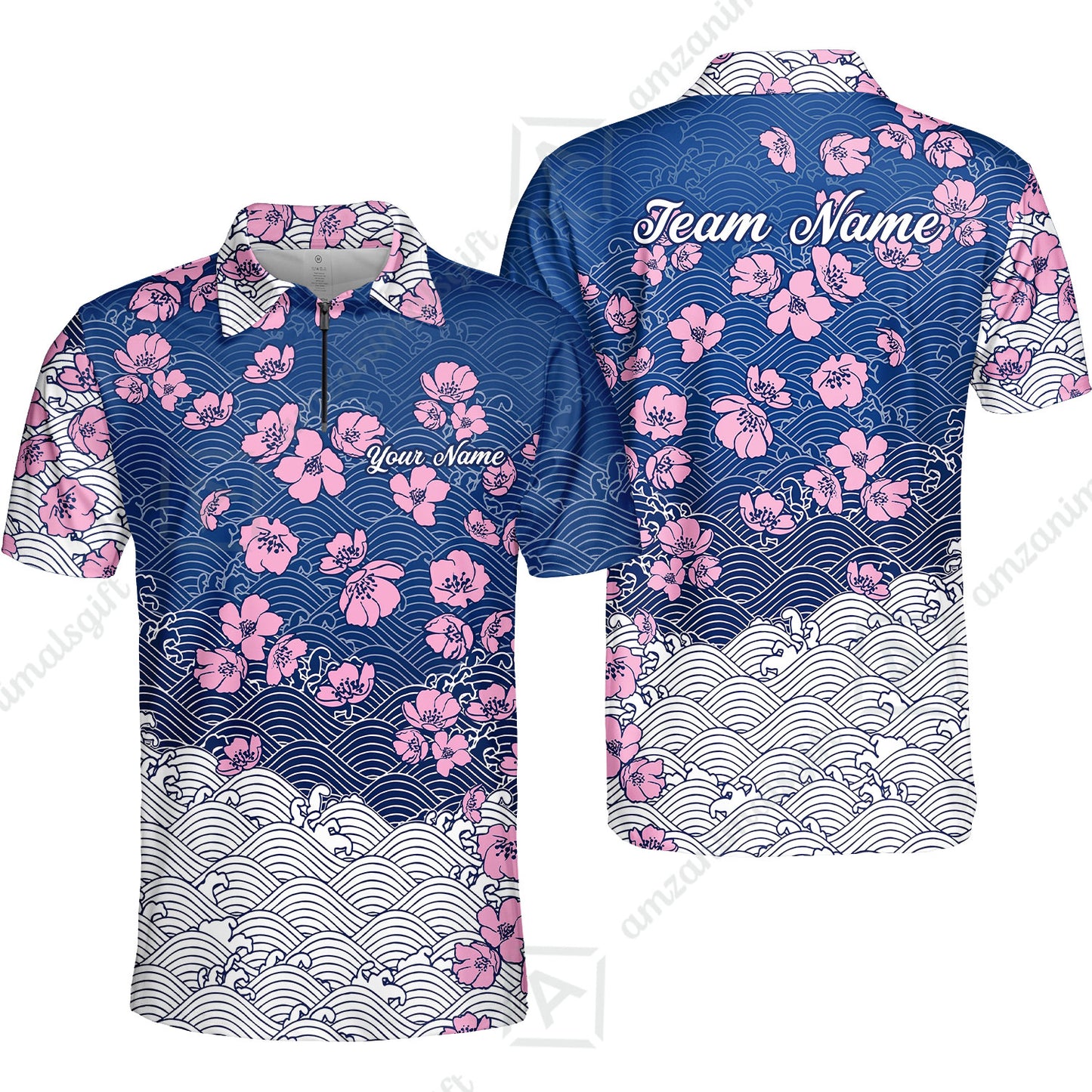 Customized Bowling Quarter-Zip Jersey Polo Shirts, Flowers Cherry Blossom Bowling Shirt For Tournament Team Men Women Bowlers