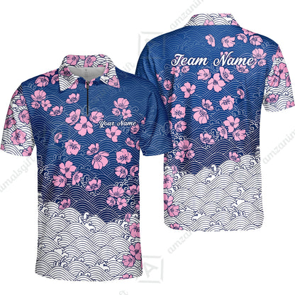Customized Bowling Quarter-Zip Jersey Polo Shirts, Flowers Cherry Blossom Bowling Shirt For Tournament Team Men Women Bowlers