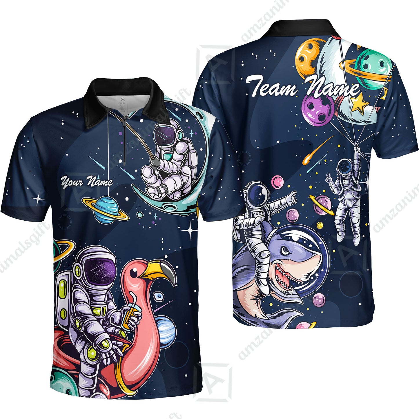 Customized Bowling Unisex Polo Shirt, Galaxy Astronaut, Bowling Uniforms, Personalized Name And Team Name